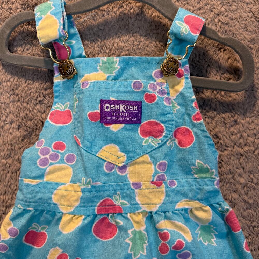 Vintage 80s 90s Oshkosh Fruit Print Blue Overalls Dress Jumper Pinafore 2T - Picture 3 of 9